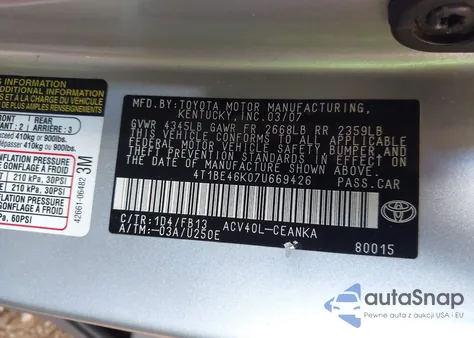 2007 Toyota Camry Le z USA, uszkodzony, nr VIN 4T1BE46K07U669426